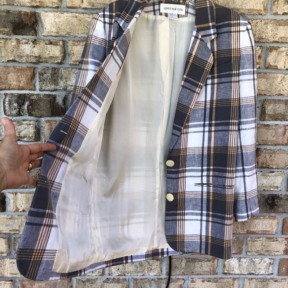 Jones New York Vintage Korea Made Linen Cotton Blend Gray Cream Plaid jacket 8 - Picture 5 of 15